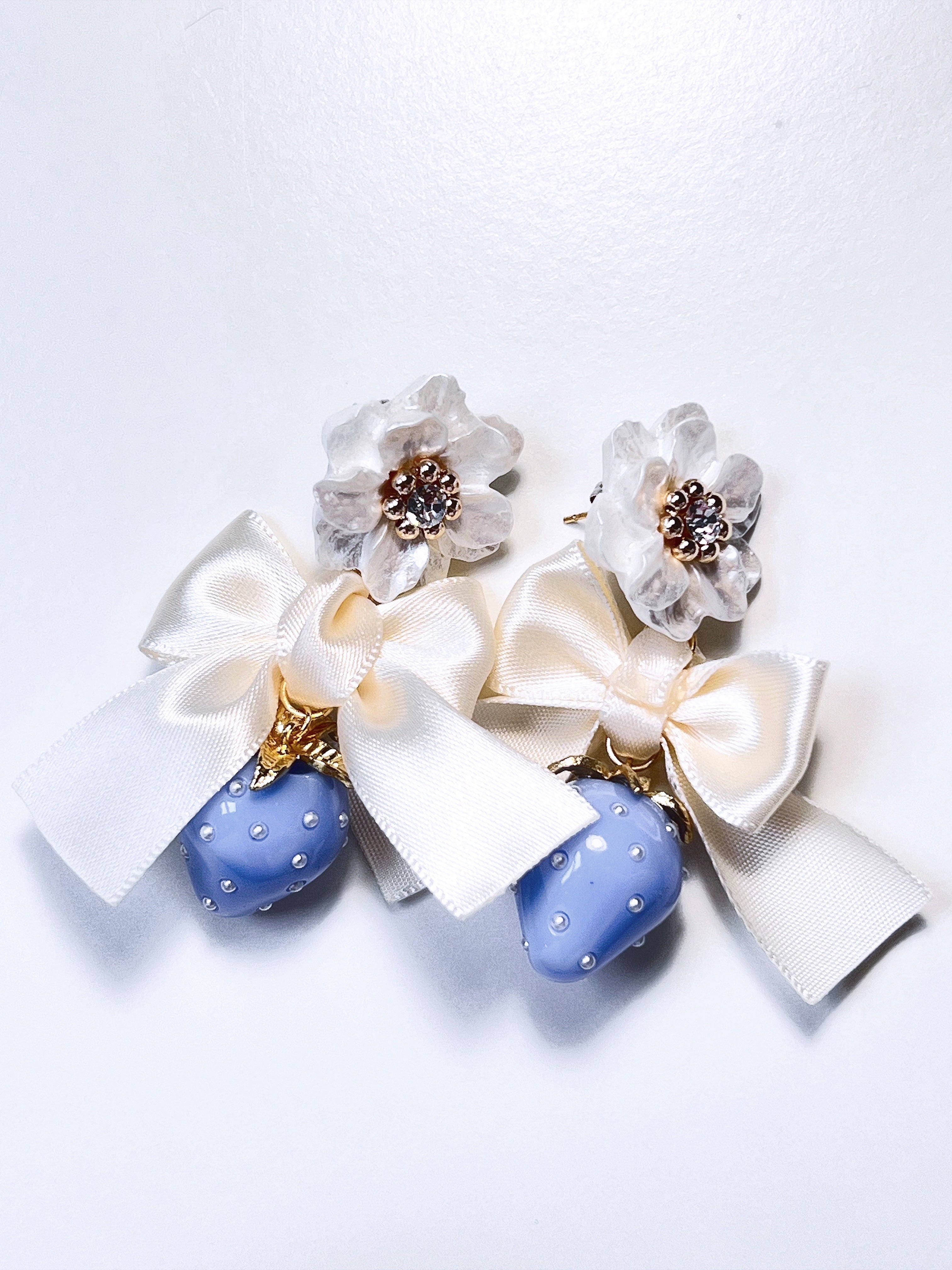 Cream Satin Ribbon & Blue Strawberry Drop Earrings