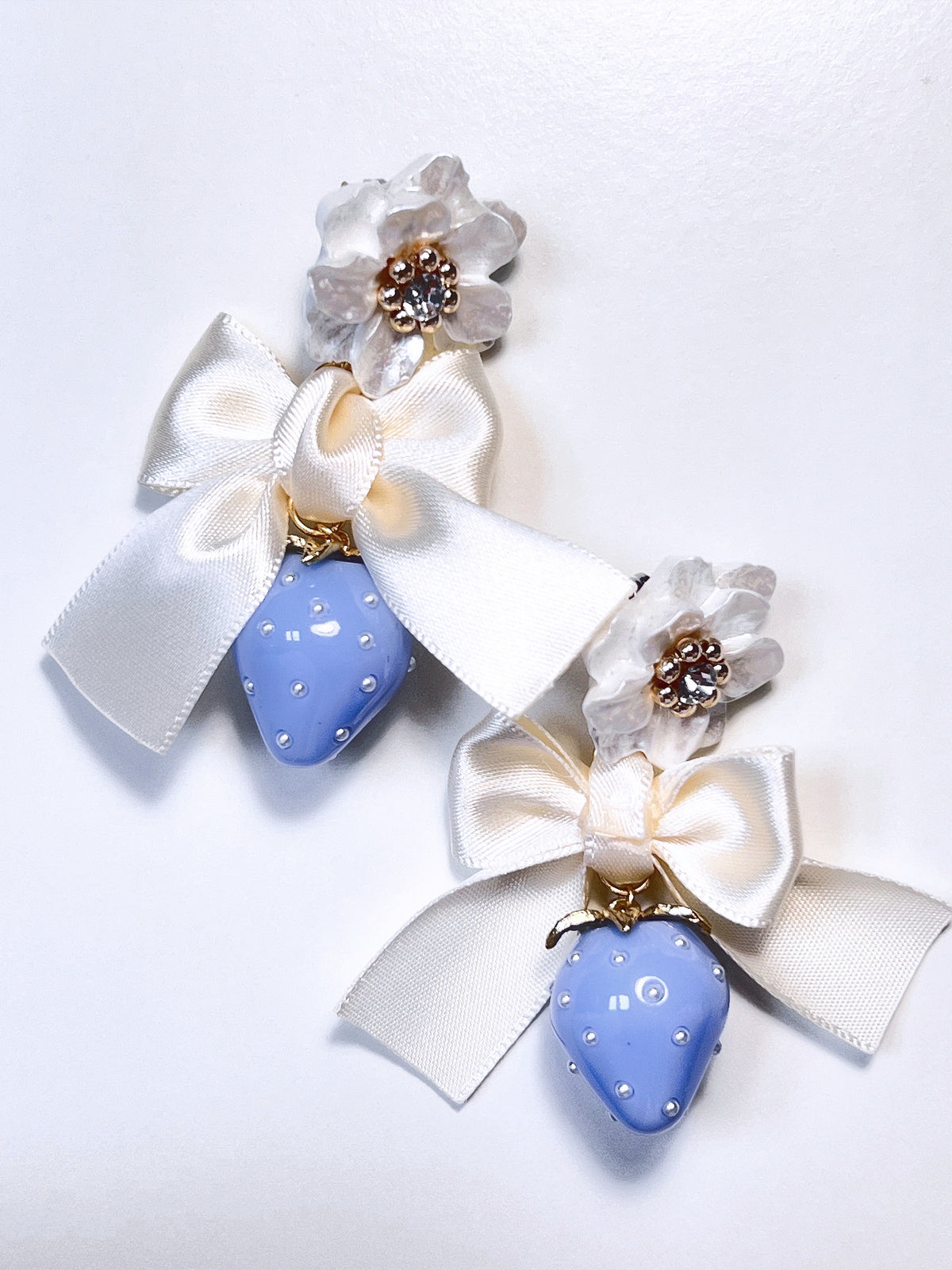 Cream Satin Ribbon & Blue Strawberry Drop Earrings