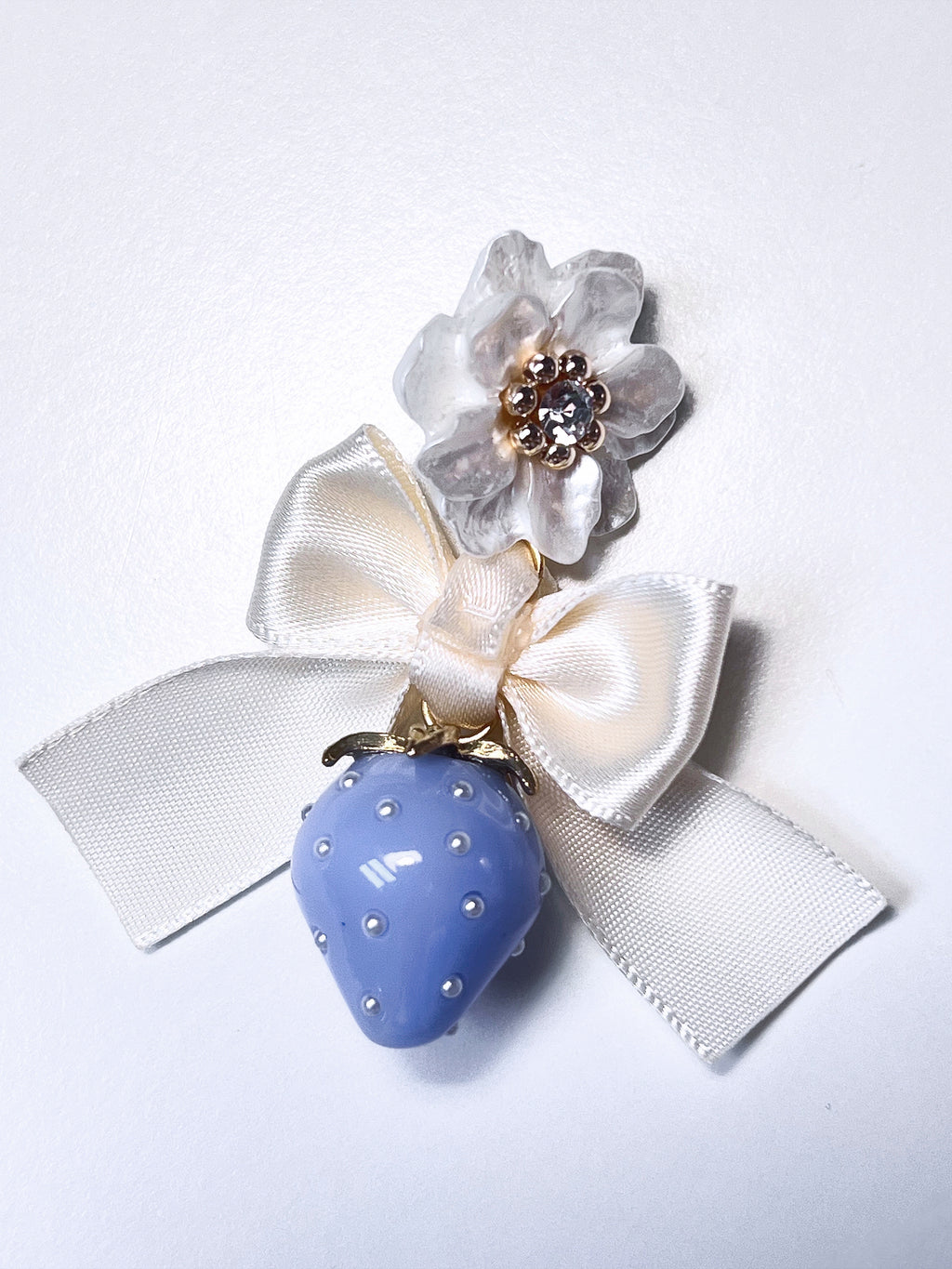 Cream Satin Ribbon & Blue Strawberry Drop Earrings