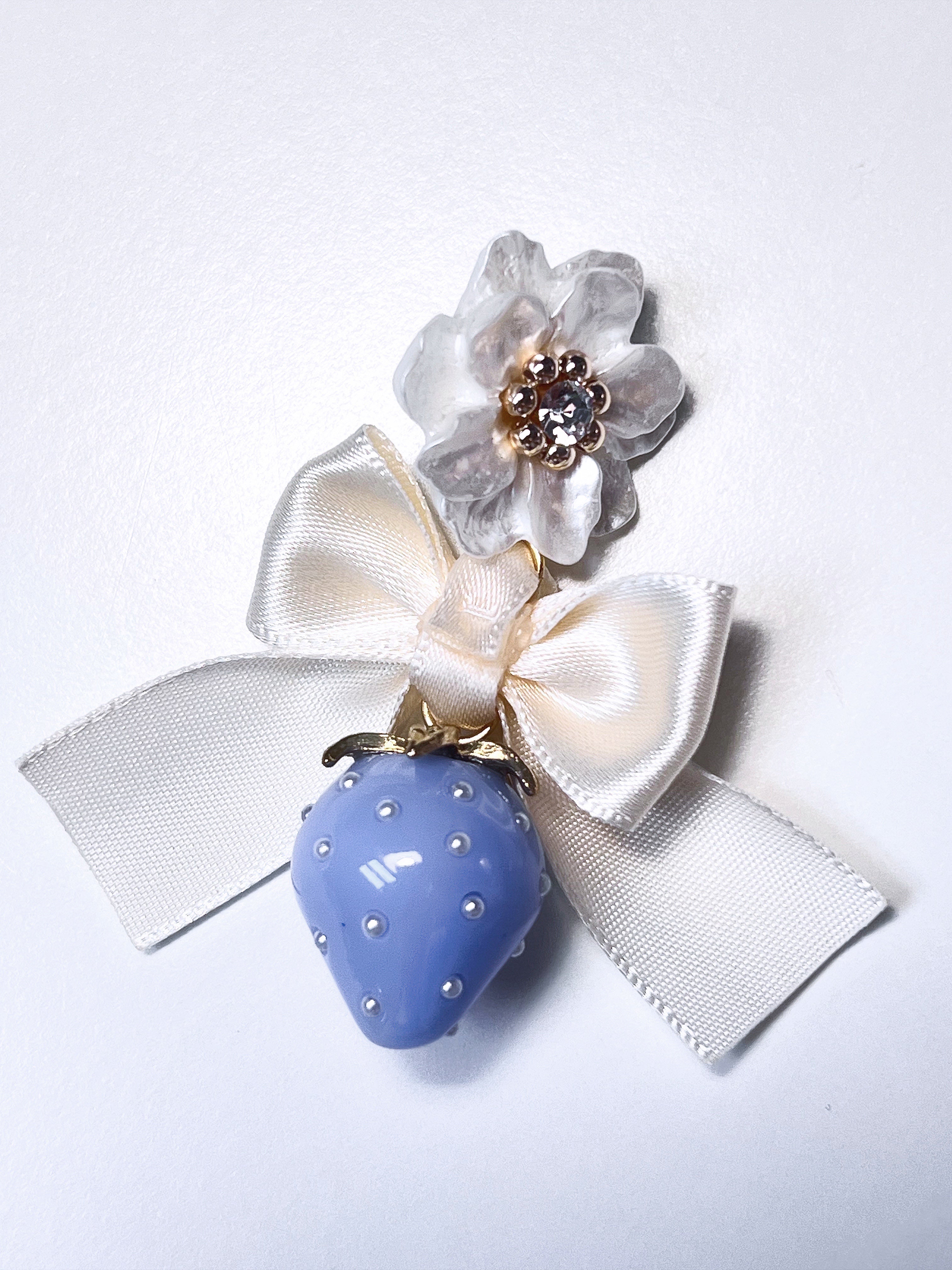 Cream Satin Ribbon & Blue Strawberry Drop Earrings