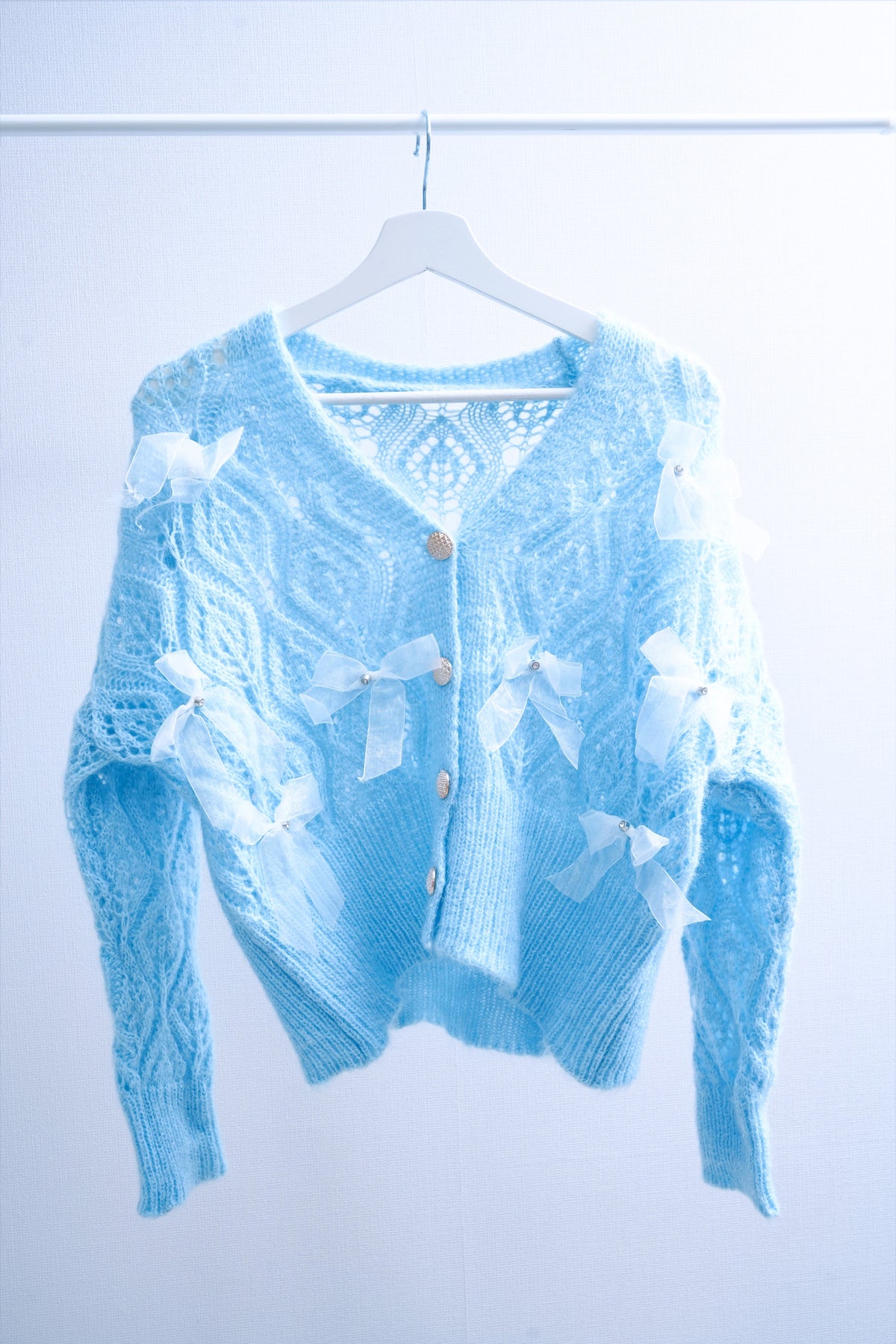 Powder Blue Knit Ribbon Decorated Buttoned Cardigan
