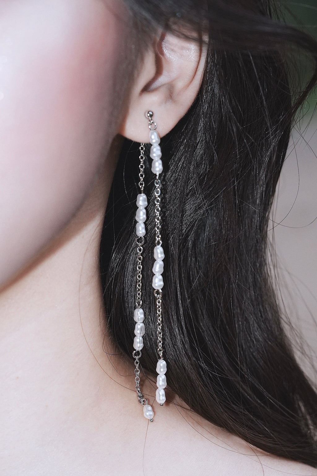 Long Silver Pearl Chain Earrings