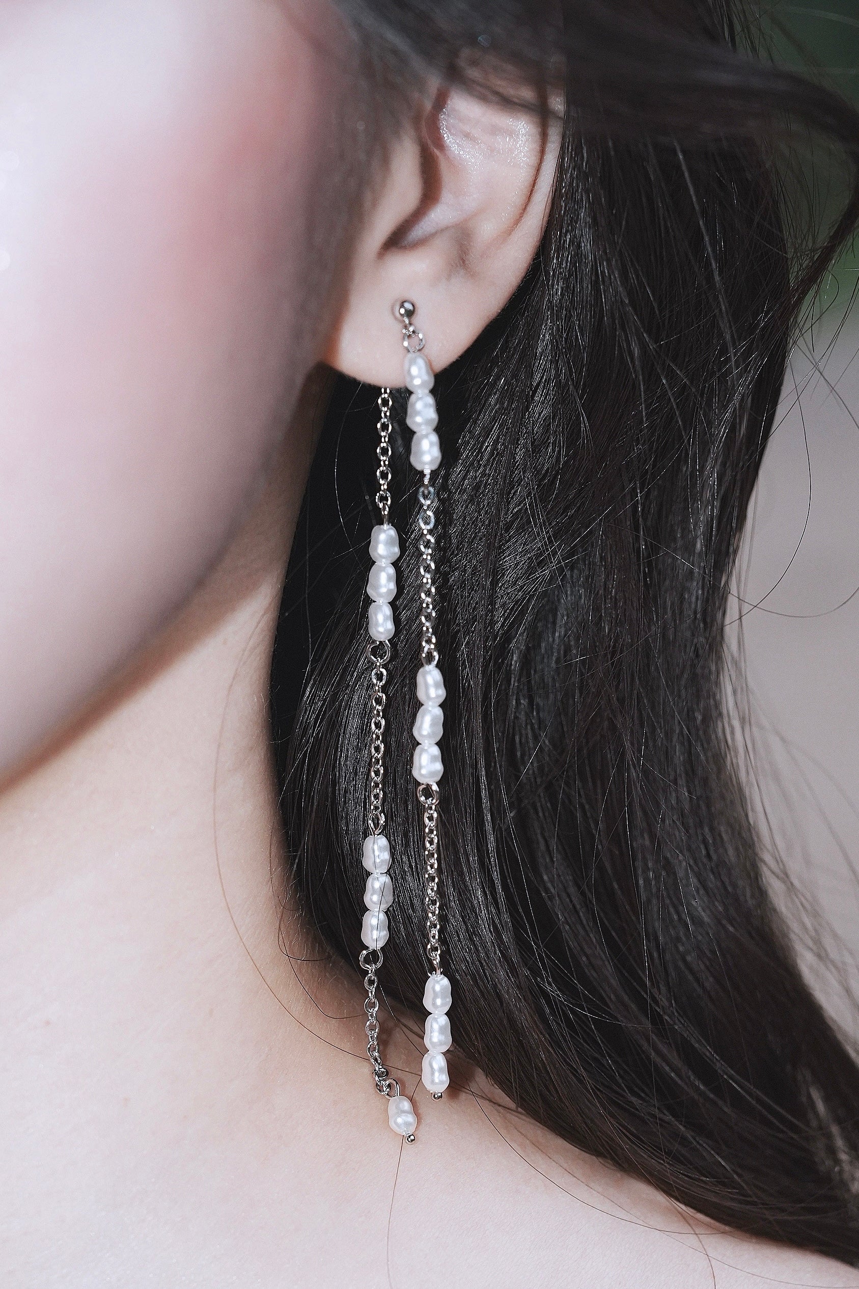 Long Silver Pearl Chain Earrings