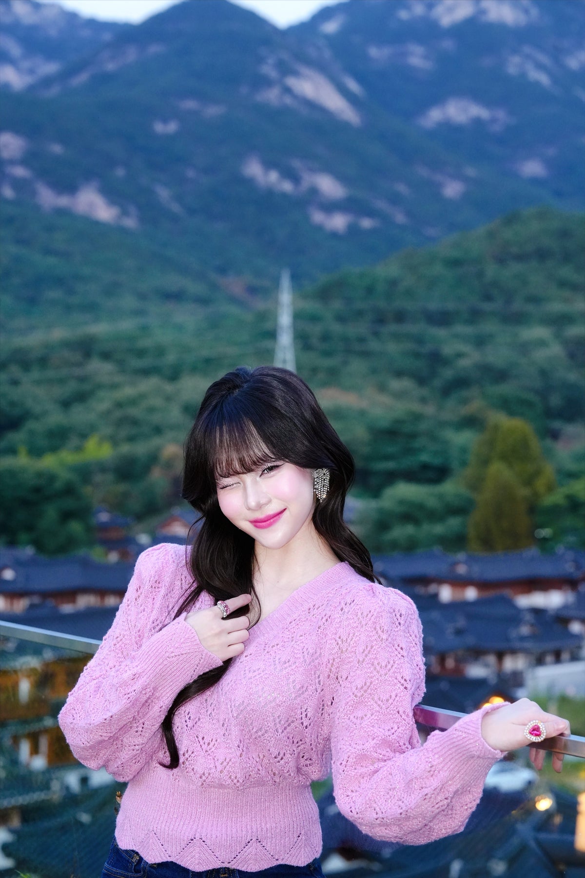 Magenta Pointelle Pattern Puff Sleeve Knit Sweater