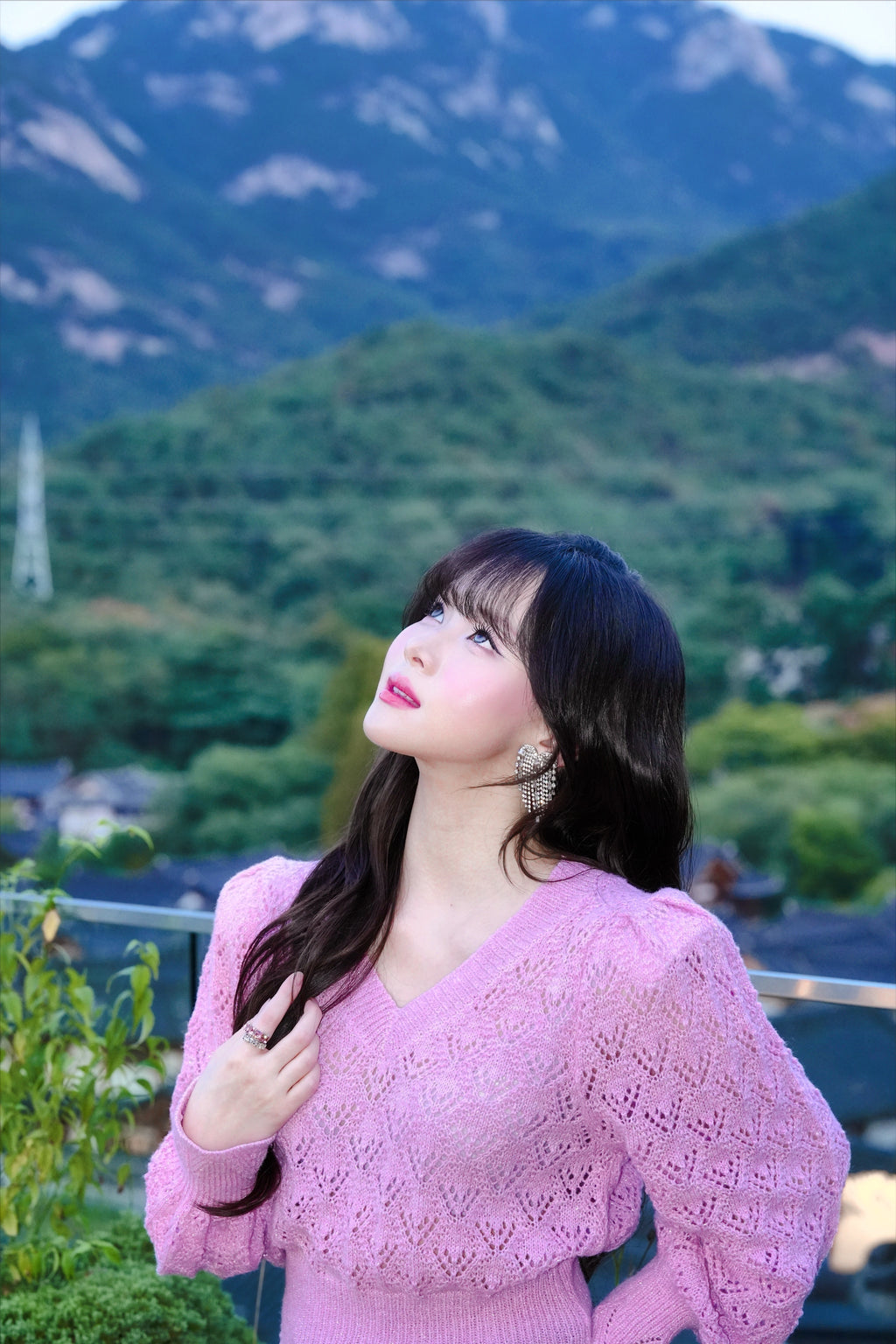 Magenta Pointelle Pattern Puff Sleeve Knit Sweater