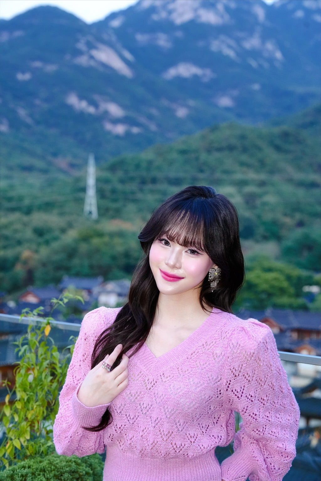 Magenta Pointelle Pattern Puff Sleeve Knit Sweater