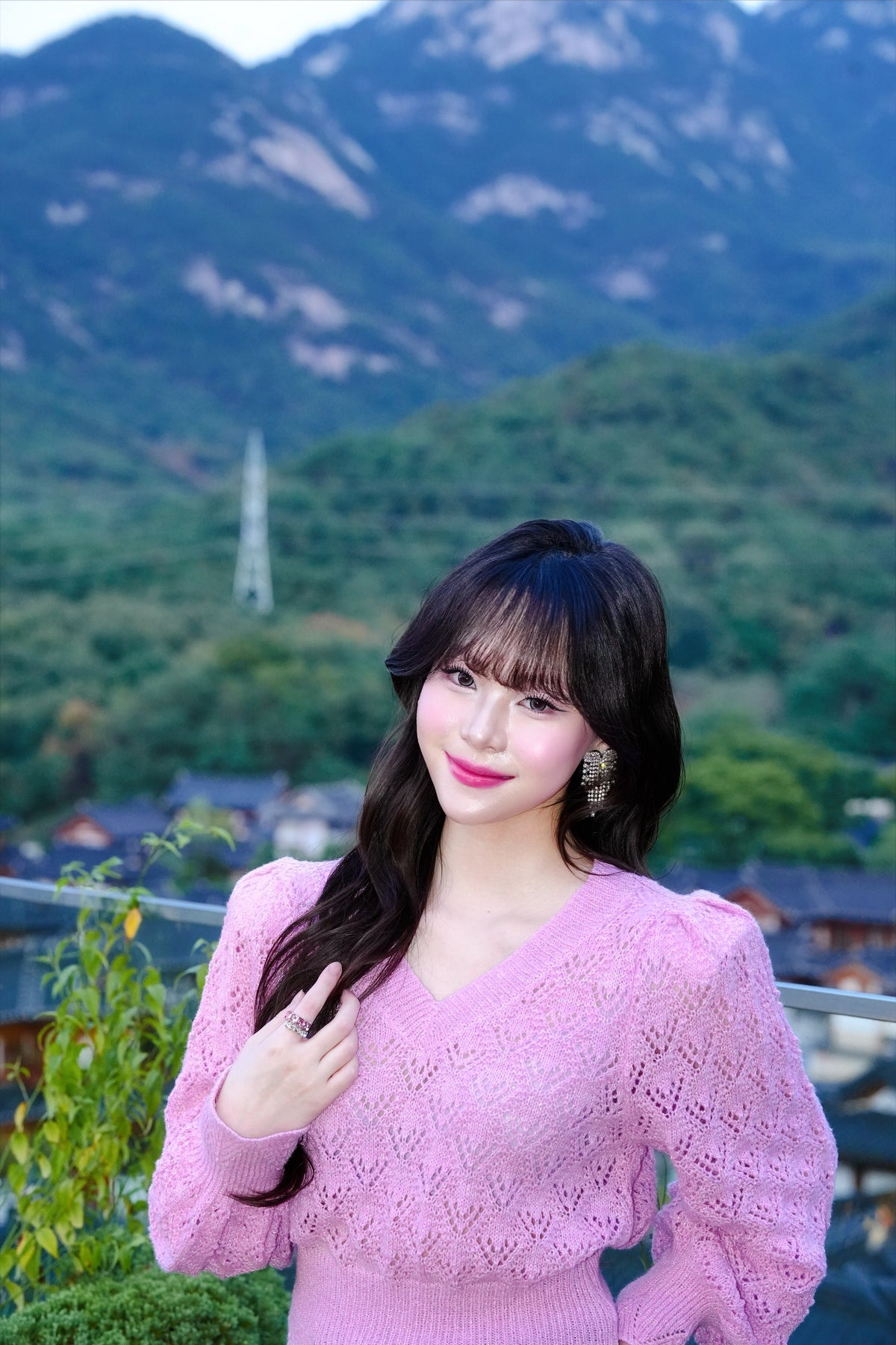 Magenta Pointelle Pattern Puff Sleeve Knit Sweater
