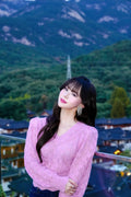 Magenta Pointelle Pattern Puff Sleeve Knit Sweater