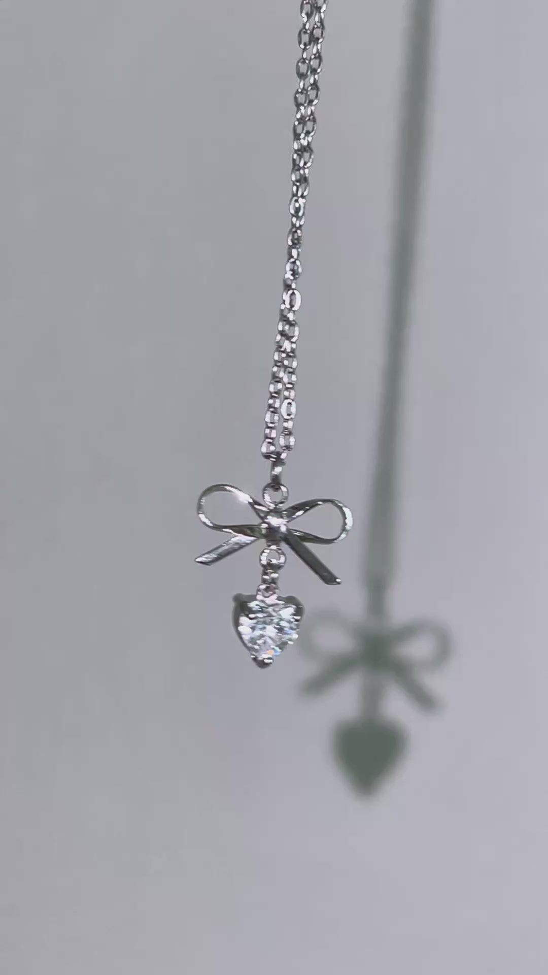 (SET) Ribbon Heart Stone Earrings+Necklace