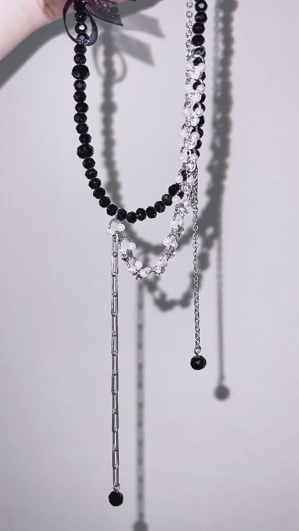 Sparkling Rhinestone & Black Bead Layered Streamer Necklace