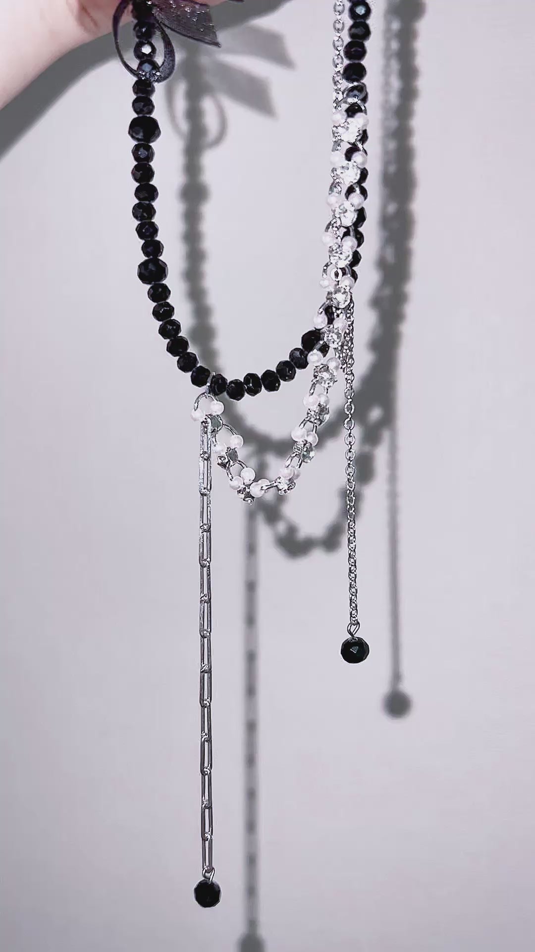 Sparkling Rhinestone & Black Bead Layered Streamer Necklace
